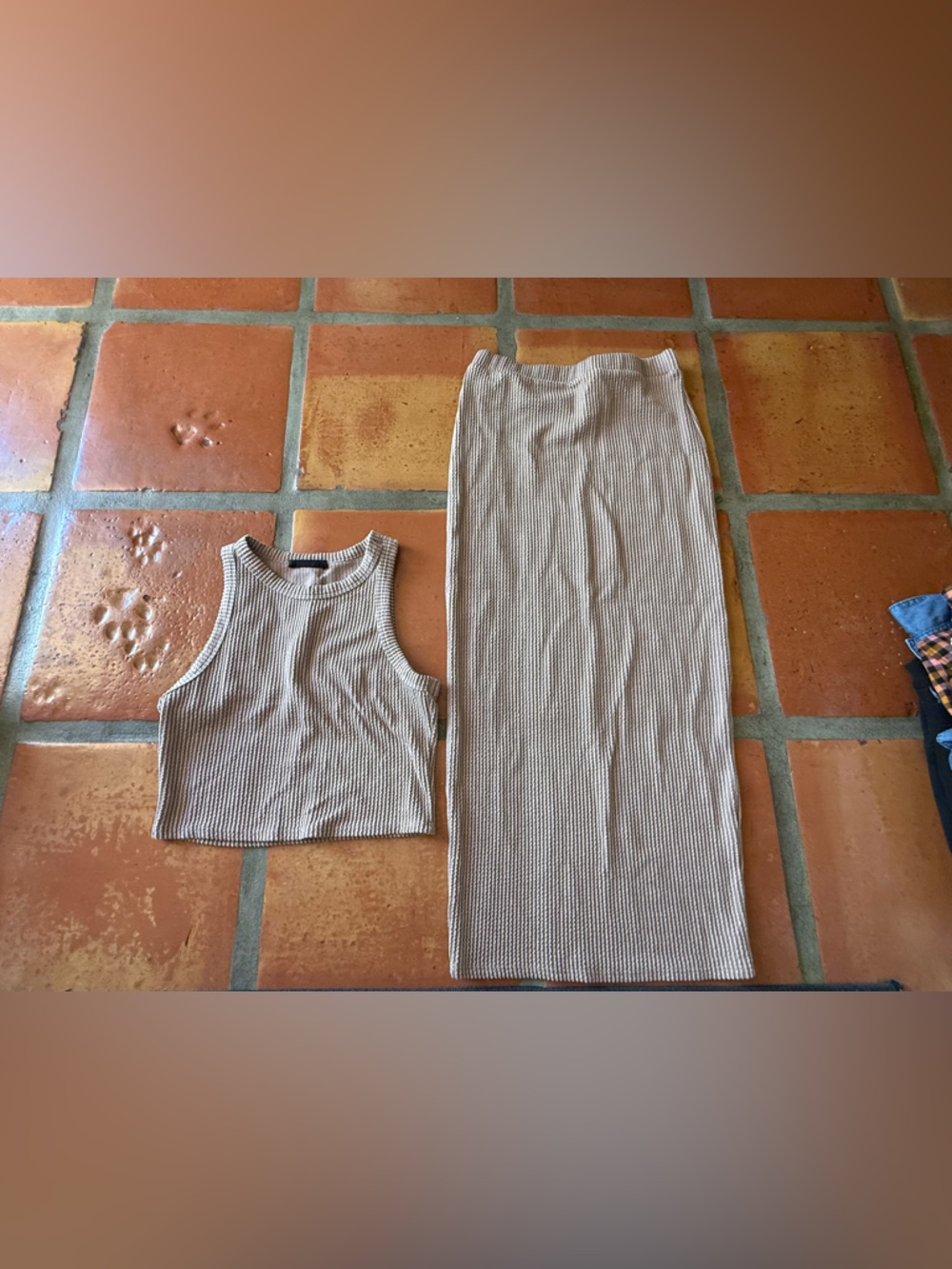 Saints Ribbed Knit Two-Piece Set in Beige